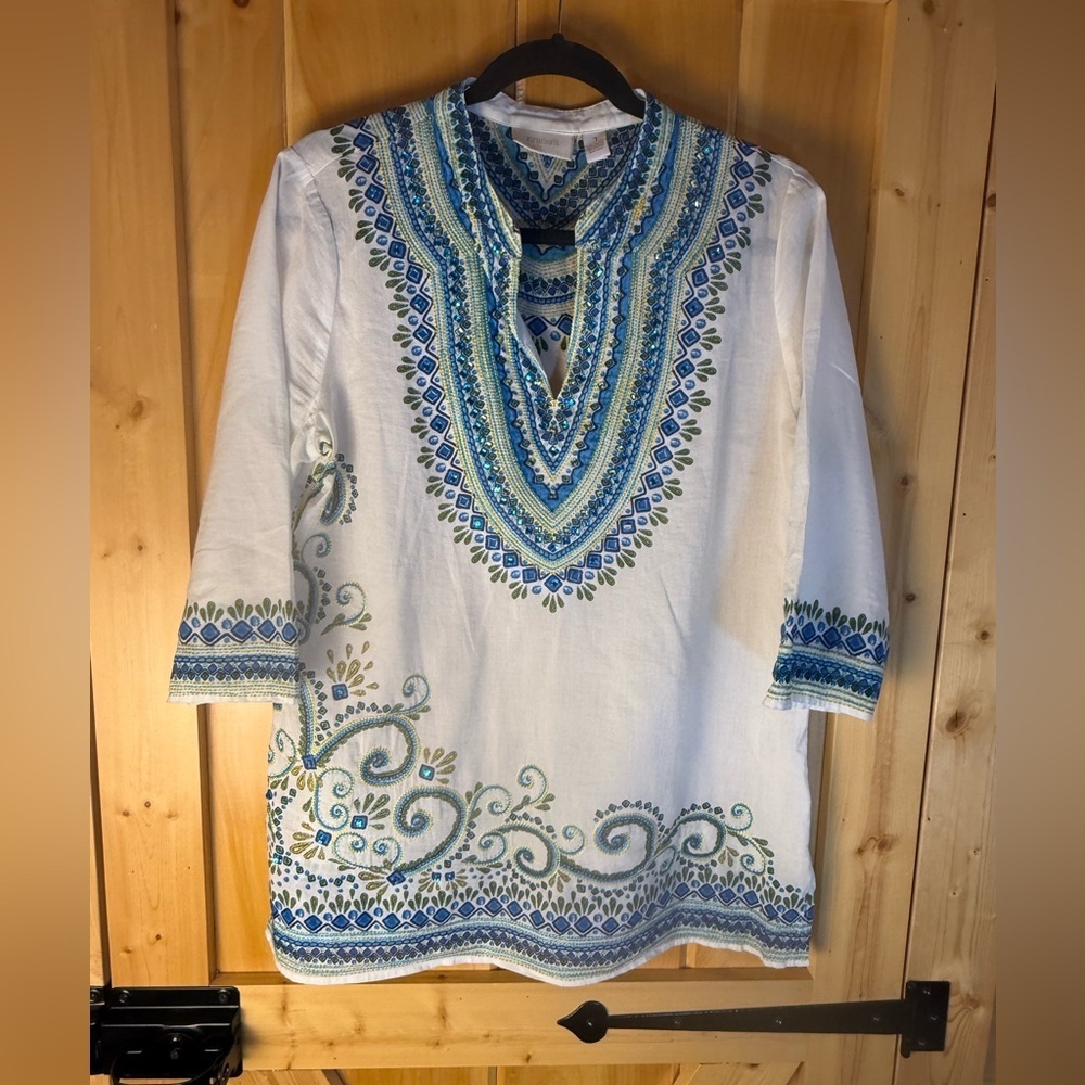 Chico's White Embroidered Cotton Boho Tunic Top Blue Embellished Beaded Size M - Picture 6 of 14